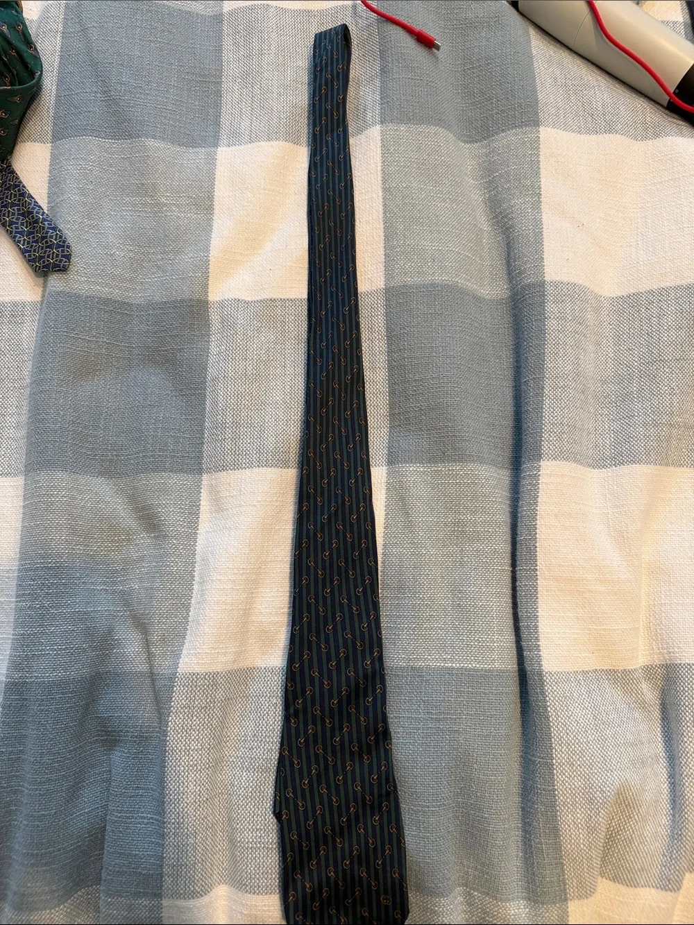 Gucci Green and Navy Striped Silk Tie with Gold Bit Motif